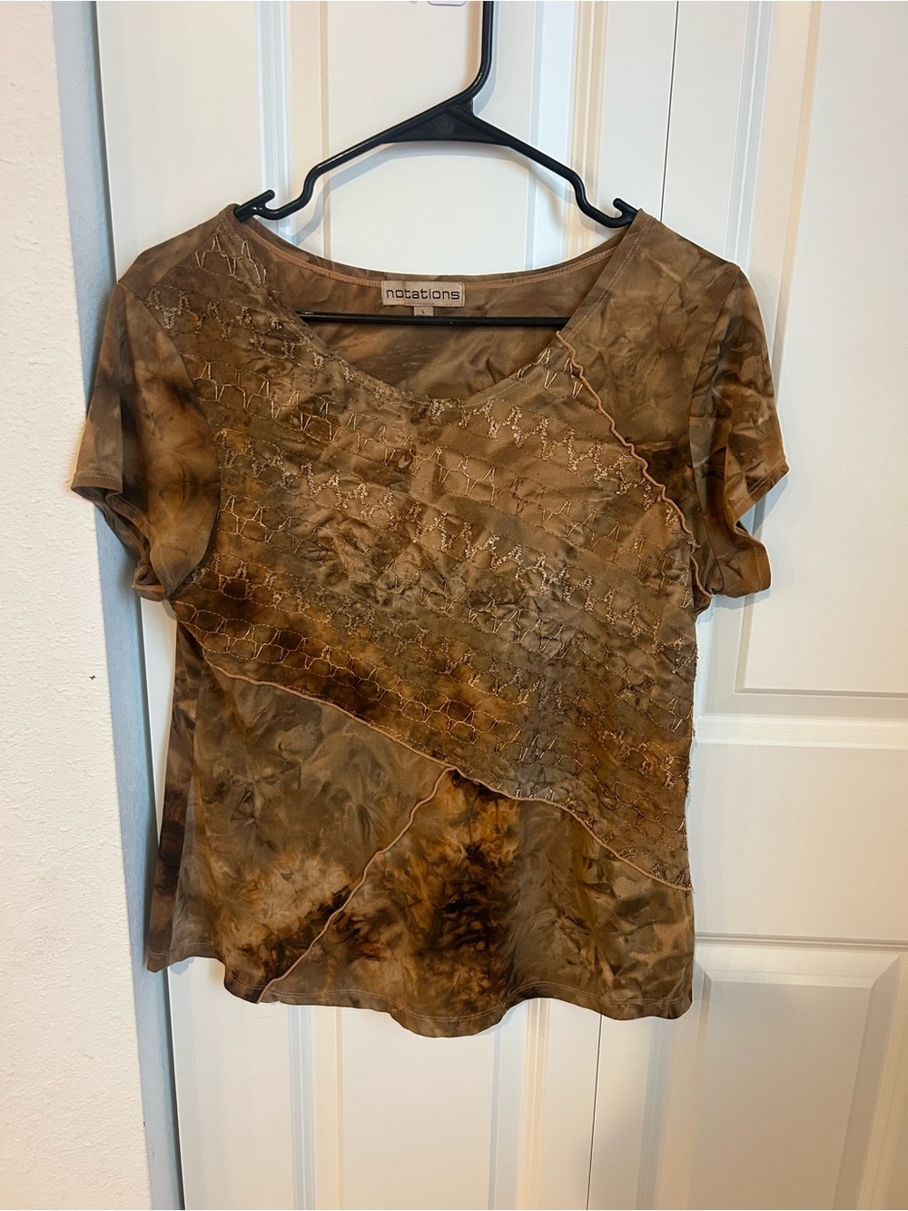 Notations Brown Textured Patchwork Short Sleeve Tee